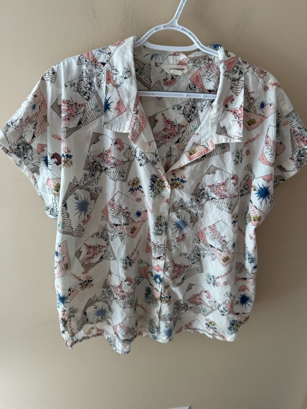 Lucky Brand cotton Button Down short sleeve postcard novelty print size XL - Picture 2 of 7